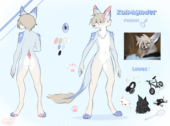 anthro blonde_hair blue_body blue_eyes blue_fur front_view fur hair long_tail male pawpads paws rear_view tail tongue tongue_out white_body white_fur asusya kolphynder canid canine fennec_fox fox mammal true_fox absurd_res hi_res model_sheet