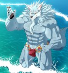 5_fingers abs anthro beard biceps black_nose black_pawpads bulge claws clothing eyebrows facial_hair fingers fur gesture grey_body grey_eyebrows grey_fur grey_pubes grey_tail humanoid_hands male mostly_nude muscular muscular_anthro muscular_male muscular_thighs navel nipples orange_eyes partially_submerged pawpads pecs pubes red_clothing red_swimming_trunks red_swimwear solo swimming_trunks swimwear tail thick_eyebrows triceps water wave waving yellow_sclera broken_(artist) sdorica law_(sdorica) canid canine canis mammal wolf 2021 colored hi_res