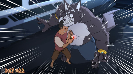 4_toes anthro armband armlet barefoot black_hair black_nose blue_eyes bottomwear bracelet brown_eyes claws clothing duo electroshock_weapon feet fur grey_body grey_fur hair holding_object jewelry male one_eye_closed pants red_clothing shirtless shocked shoeless size_difference spacecraft tased taser teeth toe_claws toes vehicle weapon soradezwolfox adastra adastra_(series) echo_project amicus_(adastra) marco_(adastra) canid canine canis human mammal wolf 16:9 2024 hi_res widescreen