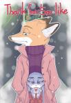 2016 absurd_res anthro canid canine clothed clothing countershading disney duo english_text female fox fur green_eyes grey_body grey_fur hi_res judy_hopps lagomorph leporid male mammal nick_wilde orange_body orange_fur pokuytred purple_eyes rabbit red_fox size_difference snow text true_fox zootopia