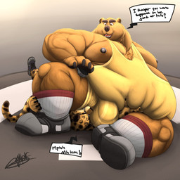 anthro belly biceps big_belly biped black_body black_claws black_fur black_nipples black_nose black_spots black_tail brown_body brown_eyes brown_fur bulge butt_crush chokehold claws clenched_teeth clothed clothing crush duo exclamation_point eyebrows footwear fur grey_background grey_clothing grey_footwear headlock huge_belly hyper hyper_belly larger_male legwear male markings morbidly_obese multicolored_body multicolored_fur multicolored_tail muscular muscular_male nipples obese obese_male open_mouth overweight overweight_male pain pecs pink_tongue pinned question_mark shoes simple_background sitting size_difference smaller_male smothering socks speech_bubble spots spotted_body spotted_fur spotted_markings spotted_tail tail tail_markings teeth text tongue two_tone_body two_tone_fur two_tone_tail white_clothing white_footwear white_legwear white_socks wrestler wrestling_singlet yellow_body yellow_clothing yellow_fur yellow_tail galvinwolf ruz_(zoober) bear cheetah felid feline mammal 1:1 2017 digital_media_(artwork) english_text hi_res signature