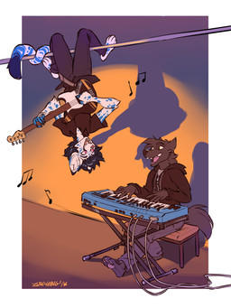 anthro barefoot bass_guitar black_hair brown_body brown_fur clothed clothing duo feet female fur green_eyes guitar hair keyboard long_mouth male musical_instrument open_mouth pink_eyes plucked_string_instrument smile string_instrument teeth white_body white_fur zummeng canid canine canis domestic_dog felid feline mammal serval 2017 3:4 absurd_res digital_media_(artwork) hi_res
