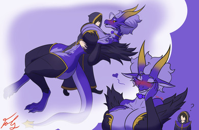 anthro big_breasts blush breasts curvy_figure dominant dominant_human dominant_male dream duo fantasizing fantasy female female_anthro hair horn larger_anthro larger_female long_tail male non-mammal_breasts non-mammal_hair purple_body red_eyes short_hair size_difference smaller_human smaller_male tail fol_ink mythology fion_(fol_ink) nyxaris_(fol_ink) dragon human mammal mythological_creature mythological_scalie scalie absurd_res hi_res