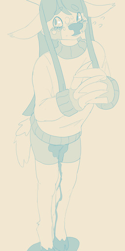 anthro bodily_fluids bottomwear clothed clothing embarrassed female female_anthro genital_fluids glistening glistening_eyes hair long_hair peeing simple_background solo standing sweater topwear urine wet wet_bottomwear wet_clothing wetting hardscales deer mammal full-length_portrait hi_res monochrome portrait