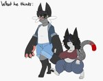 2024 3_toes 4_fingers 4_toes anthro barefoot big_bulge big_hands biped black_ears black_hair black_pawpads black_sclera blue_bottomwear blue_clothing blue_pants blue_shirt blue_topwear bottomwear bra breasts bulge claws clothed clothing dewott digital_drawing_(artwork) digital_media_(artwork) digitigrade domestic_cat duo english_text eyebrow_through_hair eyebrows eyes_closed eyewear feet felid feline felis finger_claws fingerpads fingers flat_colors fur ganger generation_5_pokemon glasses green_eyes grey_body grey_fur grin gynomorph gynomorph/male gynomorph_anthro hair hand_holding highlights_(coloring) hindpaw hoodie intersex intersex/male intersex_anthro jason_markova leg_markings looking_at_another looking_down looking_down_at_another male male_anthro mammal markings nintendo open_clothing open_hoodie open_topwear pants pawpads paws pink_nose pink_pawpads pokemon pokemon_(species) purple_highlights raised_inner_eyebrows robertge shirt short_stack simple_background smile socks_(marking) sports_bra text thick_thighs toe_claws toes topwear translucent translucent_hair underwear walking whiskers white_background white_claws white_clothing white_shirt white_topwear wide_hips