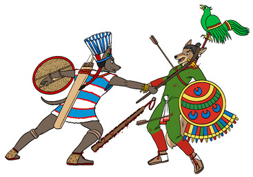 5_fingers 5_toes anthro arrow_(weapon) arrow_in_chest arrow_in_leg arrow_in_thigh axe aztec black_hair black_nose blood bodily_fluids bodysuit clothed clothing death duo feathered_shield feet fight fingers footwear fur hair hairless headpiece humanoid_feet humanoid_hands macuahuitl male melee_weapon plantigrade quiver_(object) ranged_weapon sandals shield shirt shoes skinsuit tan_body tan_fur teeth tight_clothing toes topwear tunic weapon ohs688 cipactli_(ohs688) canid canine canis coyote domestic_dog hairless_dog mammal primitive_dog xoloitzcuintli 2022