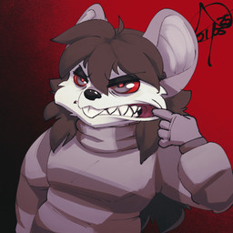 anthro arms_bent bared_teeth black_nose brown_hair buckteeth clothed clothing eye_through_hair finger_in_mouth fingers fur grey_body grey_ears grey_eyes grey_fur grey_hair grey_hands gums hair long_hair male markings multicolored_body multicolored_fur narrowed_eyes pattern_clothing pattern_shirt pattern_topwear pulling_cheek red_eyes red_sclera shirt showing_teeth solo stretching striped_clothing striped_shirt striped_topwear stripes teeth topwear translucent translucent_hair tuft two_tone_body two_tone_fur white_body white_fur white_markings atokitsune crimson_the_mouse mammal mouse murid murine rodent 2025 dated signature