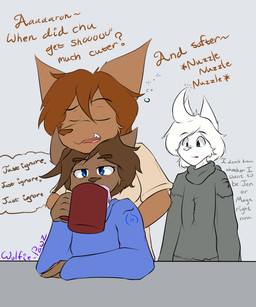 anthro biped brown_body brown_fur brown_hair clothed clothing coffee_cup container cup drinking drunk eyebrows eyes_closed female fully_clothed fur group hair male nuzzling standing substance_intoxication text thought_bubble white_body white_fur white_hair wolfie-pawz what_the_hart_wants aaron_(wolfie-pawz) jen_ambler maya_turner arctic_wolf canid canine canis mammal wolf 2019 5:6 digital_media_(artwork) english_text hi_res signature