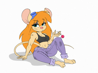 anthro barefoot black_bra black_clothing black_sports_bra black_underwear blonde_hair blue_eyes bottomwear bra breasts clothed clothed_anthro clothed_female clothing eyewear eyewear_on_head feet female fur goggles goggles_on_head hair long_hair looking_at_viewer pants purple_bottomwear purple_clothing purple_pants solo sports_bra tail tan_body tan_fur underwear dracojeff chip_'n_dale_rescue_rangers disney gadget_hackwrench mammal mouse murid murine rodent 2020 4:3 absurd_res hi_res