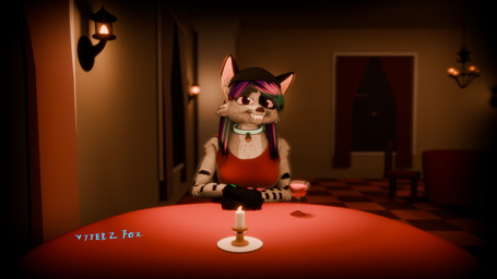 anthro bell bell_collar candle chandelier classy collar container cup date_night drinking_glass fancy_clothing fancy_dress fangs female fur glass glass_container glass_cup grey_body grey_fur hair inside lamp multicolored_hair pink_eyes restaurant sitting_at_table solo teeth vignette darkfox12 felid feline mammal 16:9 3d_(artwork) 4k absurd_res blender_(artwork) blender_cycles_(artwork) digital_media_(artwork) hi_res widescreen