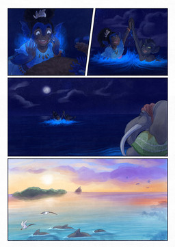 5_fingers anthro black_body black_fur clothed clothing cloud dark_body ear_fins female fin fingers fur grey_body magic moon night open_mouth open_smile partially_submerged proboscis_(anatomy) sea sky smile split_form swimming tail trunk_(anatomy) water bjekkergauken mythology imbali_(bjekkergauken) isilo_(bjekkergauken) aquatic elephant elephantid mammal merfolk proboscidean unknown_species 2026 colored comic hi_res