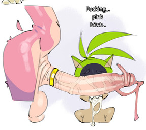 accessory after_oral anthro balls big_balls big_penis bodily_fluids cock_ring cum cum_in_mouth cum_inside dialogue duo erection female genital_fluids genitals green_body gynomorph huge_penis intersex intersex/female jewelry open_mouth penis penis_accessory penis_jewelry pink_body saggy_balls sharp_teeth simple_background tan_body tan_skin teeth text white_background toonguy100 idw_publishing sega sonic_the_hedgehog_(comics) sonic_the_hedgehog_(idw) sonic_the_hedgehog_(series) amy_rose surge_the_tenrec afrosoricid eulipotyphlan hedgehog human mammal tenrec english_text