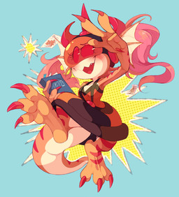 action_pose anthro big_tail bottomwear claws clothing countershading dress fangs female hair horn orange_body pigtails pink_hair pose red_claws red_eyes skirt solo stripes tail teeth visor sony-shock mythology yokai_love_you! tsuchino_(blargen69) dinosaur dragon kaiju mythological_creature mythological_scalie prehistoric_species reptile saurischian scalie theropod tyrannosaurid tyrannosauroid tyrannosaurus tyrannosaurus_rex hi_res