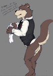 anthro backsack balls barely_visible_balls barely_visible_genitalia biped blush brown_body clothing genitals humanoid_hands male necktie shirt solo text topwear hopelesshighschool password_(visual_novel) benson_(password) mammal mustelid otter 2022 english_text hi_res