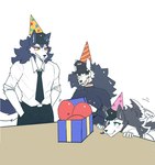 anthro balloon birthday birthday_gift black_sclera blue_eyes blush blush_lines bone box breasts cheek_tuft clothed clothing container disembodied_head eyelashes facial_tuft female fluffy fluffy_tail fur furniture gift_box group hair hat headgear headwear inflatable male necktie party_hat skull skull_head table tail tail_motion tailwag tuft yellow_eyes tianiseul skull_dog_(tianiseul) canid canine mammal skulldog_(species) hi_res