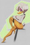 anthro beak bird_legs breasts butt clothing eyeshadow feathers female fishnet_clothing fishnet_legwear hair legwear looking_at_viewer makeup nipples non-mammal_breasts non-mammal_nipples sitting solo tail tail_feathers white_hair thehumancopier disney quack_pack daisy_duck anatid anseriform avian bird duck 2020 absurd_res hi_res signature