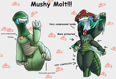 anthro arthropod_abdomen bodily_fluids curvy_figure exoskeleton female fungus information_board molting mushroom simple_background solo text white_background zigzag_mouth moebinuslizard mushy_(moebinuslizard) arthropod elemental_creature fungi_fauna humanoid hybrid insect orthopterid digital_media_(artwork) english_text hi_res shaded soft_shading