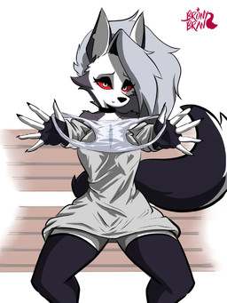 anthro bodily_fluids clothed clothing female fur genital_fluids hair half-closed_eyes holding_clothing holding_object holding_panties holding_underwear looking_at_viewer narrowed_eyes panties pussy_juice_on_panties red_sclera sitting smile solo spread_panties tail underwear vaginal_fluids wet wet_clothing wet_panties wet_underwear white_body white_fur bronybran hellaverse helluva_boss mythology panties_trend loona_(helluva_boss) canid canid_demon canine demon hellhound mammal mythological_canine mythological_creature digital_media_(artwork) hi_res