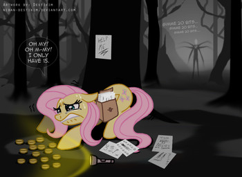 bag bodily_fluids clothing coin cutie_mark detailed_background duo feathered_wings feathers female feral flashlight forest money note outside parody plant quadruped suit sweat tail tears tentacles text tree wings wood yellow_body yellow_feathers niban-destikim creepypasta friendship_is_magic hasbro my_little_pony mythology fluttershy_(mlp) slenderman equid equine mammal mythological_creature mythological_equine pegasus crossover english_text url