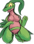 anthro biped breasts clitoris female genitals kneeling nipples non-mammal_breasts non-mammal_nipples open_mouth plant pussy simple_background solo white_background yellow_eyes kaivolate raptorkou nintendo pokemon elemental_creature flora_fauna generation_3_pokemon grovyle pokemon_(species) sketch