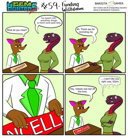 annoyed anthro clothing cochlear_implant_processor crossed_arms deaf desk dialogue female furniture green_necktie male necktie simple_background suit table text white_clothing white_suit baristagamerproductions ada_(gem_hunters) mammal mouse murid murine reptile rodent scalie snake absurd_res comic english_text hi_res