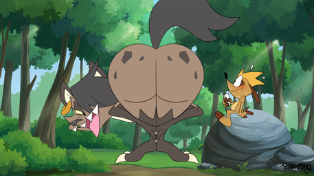 anthro big_butt brown_body brown_fur butt duo female forest fur huge_butt male outside plant tree potateymatey leena_(potateymatey) marley_(potateymatey) herpestid hyena mammal meerkat 2026 hi_res