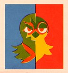 2022 anthro avian bird cmyk decidueye digital_media_(artwork) female game_freak generation_7_pokemon hi_res hoosierman9911a looking_at_viewer nintendo owl personality_swap pokemon pokemon_(species) retro risograph simple_background solo two_faced vintage