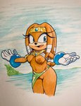 5_fingers anthro blue_eyes breasts clothing eyelashes female fingers fur genitals gloves handwear mostly_nude nipples orange_body orange_fur pussy seaside solo arts_eidolon sega sonic_adventure sonic_the_hedgehog_(series) tikal_the_echidna echidna mammal monotreme 2022 colored_pencil_(artwork) hi_res traditional_media_(artwork)