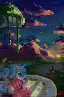 balcony butt female feral hair horn lying multicolored_hair on_front outside solo sun thelunarmoon friendship_is_magic hasbro my_little_pony mythology princess_celestia_(mlp) equid equine mammal mythological_creature mythological_equine unicorn absurd_res hi_res