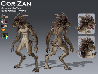 ankle_tuft anthro arm_feathers arm_tuft beak brown_body brown_feathers butt claws cutaway digitigrade feather_hair feathered_crest feathers female finger_claws flat_chested glowing glowing_eyes head_crest hip_tuft leg_tuft markings nude open_mouth pseudo_hair pupils sharp_teeth short_tail shoulder_tuft slit_pupils solo spots spotted_body spurs_(anatomy) standing tail teeth text toe_claws tuft yellow_eyes interstellarmachine halo_(series) microsoft xbox_game_studios cor_zan alien avian kig-yar scalie t'vaoan english_text hi_res model_sheet