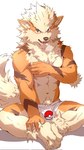 anthro anthrofied athletic athletic_anthro athletic_male bulge clothed clothing fur looking_at_viewer male multicolored_body multicolored_fur pubes sitting sitting_on_ground solo tail tan_body tan_fur topless underwear underwear_only korilov nintendo pokemon arcanine generation_1_pokemon pokemon_(species) 2024 9:16 hi_res