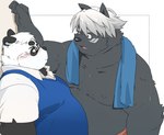 anthro belly big_belly black_body black_nose blush clothing duo eyewear glasses hair kemono male male/male moobs overweight overweight_male shirt topwear towel towel_around_neck white_body white_hair inunoshippo vtuber kokuba_hoeguro sasayama_akira bear canid canine giant_panda mammal 2023 hi_res