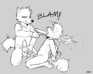 3_toes 4_fingers animal_genitalia animal_penis anthro arms_tied bite biting_lip blood bodily_fluids bound canine_genitalia canine_penis clothing collar cum death death_erection duo ejaculation erection feet fellatio final_orgasm fingers genital_fluids genitals gore gore_focus gun gun_in_mouth gun_play gunplay gunpoint handgun killing kneeling knot male male/male male_death object_in_mouth oral penile penis pistol plantigrade ranged_weapon saliva sex snuff soles sweat sweatdrop sweater tail tail_motion tailwag tapering_penis threatening_with_weapon toes topwear weapon weapon_in_mouth willing_death arloatdusk canid canine canis mammal procyonid raccoon wolf greyscale hi_res lol_comments monochrome sketch