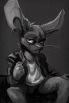 ambiguous_gender clothed clothing ear_piercing ear_ring jacket leather leather_clothing leather_jacket leather_topwear looking_at_viewer noir piercing ring_piercing sitting solo topwear animancer jinx dipodid jerboa mammal rodent 2:3 black_and_white greyscale hi_res monochrome female_(lore)