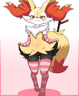 ambiguous_gender anthro black_body blush bottomwear chest_tuft clothed clothing clothing_lift ear_tuft gloves handwear legwear looking_at_viewer pattern_clothing pattern_gloves pattern_handwear pattern_legwear pattern_thigh_highs pink_clothing pink_legwear pink_thigh_highs pseudo_clothing red_body red_eyes simple_background skirt skirt_lift smile solo standing stick_in_tail striped_clothing striped_gloves striped_handwear striped_legwear striped_thigh_highs stripes thigh_highs tuft white_background white_body yellow_body applebloom_love nintendo pokemon braixen generation_6_pokemon pokemon_(species) 2025 digital_drawing_(artwork) digital_media_(artwork) hi_res