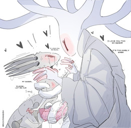 2_penises 5_horns animal_genitalia animal_penis anthro begging begging_to_cum black_eyes blush bodily_fluids breasts clothing dominant dominant_female dripping duo edging exclamation_point eyes_closed female finger_blush genital_fluids genitals grey_legs gynomorph gynomorph/female hand_holding hand_on_neck heart_symbol hemipenes holding_another horn husband_and_wife i_love_you interlocked_fingers intersex intersex/female larger_dom leaking_precum looking_at_another looking_pleasured love married_couple motion_lines mouthless multi_genitalia multi_horn multi_penis nipple_blush orgasm_denial penis pink_blush pink_penis plant precum precum_drip restrained restrained_by_tentacles robe sex shaking simple_background size_difference small_breasts standing standing_sex submissive submissive_gynomorph submissive_intersex sweat sweatdrop tears tears_of_pleasure teasing tentacle_on_penis tentacle_sex tentaclejob tentacles text tree tremble_lines trembling white_background white_body white_clothing white_head white_robe white_tentacles sicksinnerk hollow_knight_(franchise) team_cherry pale_king_(hollow_knight) white_lady_(hollow_knight) arthropod arthropod_taur elemental_creature flora_fauna insect insect_taur taur treant 2023 colored colored_sketch digital_media_(artwork) english_text shaded simple_shading sketch male_(lore)