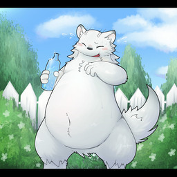 ambiguous_gender anthro black_bars blush bottle cloud container eyelashes eyes_closed fence flower fur fur_tuft nature navel open_mouth open_smile outside plant shrub smile soda_bottle solo standing tuft whiskers white_body white_fur novtoon mammal mustelid musteline true_musteline weasel 1:1 colored letterbox