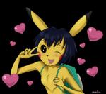 alternate_species ambiguous_gender backpack black_eyes black_hair blush fluffy gesture hair hand_gesture heart_symbol humanoidized pokemorph simple_background solo transparent_background v_sign antira nintendo pokemon peni_parker generation_1_pokemon humanoid pikachu pokemon_(species) alpha_channel hi_res signature