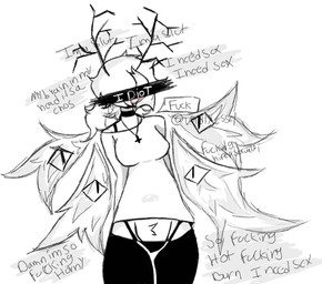 anthro antlers big_breasts biped blush breasts clothing eyeless female hair horn leggings legwear long_hair shirt solo speech_bubble spread_wings text topwear weirdcore wings voidlyvessel emma_(voidlyvessel) domestic_cat felid feline felis mammal