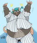 anthro baseball_uniform belly biped bottomwear clothing humanoid_hands male overweight overweight_male pants pink_nose shirt simple_background solo sportswear topwear uniform deadanthro mammal murid murine rat rodent 2021