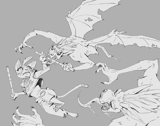 3_toes action_pose anthro arnis barefoot bat_wings bisected biting_object bodily_fluids bottomwear claws clothing collar denim denim_bottomwear denim_clothing feet female finger_claws group guts hair head_tuft holding_object holding_weapon intestines jeans jersey long_sleeves long_tongue looking_at_another male markings membrane_(anatomy) membranous_wings messy_hair midair notched_wings organs pants pawpads paws pointy_ears pointy_hair pose saliva sharp_teeth shirt simple_background snout soles striped_markings stripes teeth toe_claws toes tongue topwear torn_bottomwear torn_clothing torn_jeans torn_pants trio tuft weapon wings ruffu pepper_(ruffu) unnamed_character felid feline mammal manananggal monster digital_drawing_(artwork) digital_media_(artwork) monochrome sketch