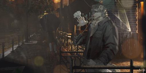 ambiguous_gender anthro black_clothing black_jacket black_topwear cheek_tuft chef_hat cigarette cigarette_in_mouth clothed clothing duo_focus facial_tuft fur grey_body grey_fur group hat head_tuft headgear headwear jacket male male_anthro neck_tuft night object_in_mouth plant raining smoking standing topwear tree tuft umbrella white_body white_eyes white_fur awaldkize felid mammal spirit 2024 absurd_res dated hi_res