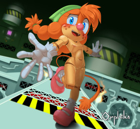 5_fingers accessory anthro blue_eyes blush breasts bridge clothing detailed_background doll doll_joints eyelashes factory female fingers fire footwear freckles fur genitals gloves green_clothing green_hat green_headwear grid hair hair_accessory hair_tie handwear hat headgear headwear looking_at_viewer machine open_mouth open_smile orange_body orange_fur orange_hair pigtails pipe puppet shoes smile smiling_at_viewer socks solo tail tail_tuft teeth text tongue traps tuft vulva white_clothing white_footwear white_gloves white_handwear white_socks wide_hips wood wooden_body orphika idw_publishing sega sonic_the_hedgehog_(comics) sonic_the_hedgehog_(idw) sonic_the_hedgehog_(series) belle_the_tinkerer animate_inanimate badnik living_doll living_puppet mammal robot 2025 artist_name digital_drawing_(artwork) digital_media_(artwork) hi_res shaded signature