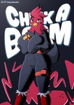 anthro big_breasts black_body black_feathers breasts explosives feathers female grenade looking_at_viewer mascot nude red_body red_feathers sauce solo standing weapon palmarianfire the_pizza_company chick-a-boom chickira_(chick-a-boom) avian bird chicken galliform gallus_(genus) phasianid hi_res