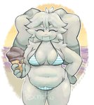 anthro bikini breasts clothing dessert eyes_closed female food fur hand_on_hip ice_cream overweight overweight_female pattern_clothing simple_background solo striped_clothing stripes swimwear two-piece_swimsuit white_body white_fur texticks socks_(texticks) lagomorph mammal hi_res