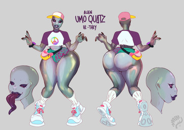 baseball_cap big_butt biped bottom_heavy bottomwear butt clothing crop_top femboy footwear green_body green_skin grey_background hairless hat headgear headwear hotpants huge_butt lips long_tongue pear-shaped_figure purple_sclera shirt shoes shorts simple_background smile sneakers solo standing thick_thighs tongue tongue_out topwear wide_hips elking umo_quatz_(ozthegoblin) alien alien_humanoid humanoid roswell_grey absurd_res hi_res model_sheet nonbinary_(lore)
