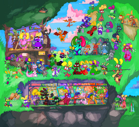anthro book building bulge cloud electronics female green_body group mailbox male monitor nest overweight painting_(object) plant red_body tower treasure_chest tree roksim burro_(species) jumpo poko_(species) scorcho spiko stompo absurd_res hi_res