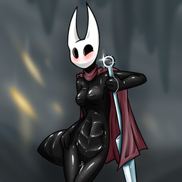 anthro black_eyes blus bodily_fluids breasts cloak cloak_only clothing featureless_breasts female genital_fluids genitals holding_melee_weapon holding_object holding_weapon horn leaking looking_at_viewer melee_weapon pussy_juice_leaking red_clothing simple_background solo standing tail vaginal_fluid_string vaginal_fluids vulva weapon ryofox630 hollow_knight_(franchise) team_cherry hornet_(hollow_knight) arthropod insect 1:1 digital_media_(artwork) hi_res