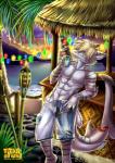abs alcohol bar beach beverage blonde_hair clothed clothing cocktail cocktail_garnish detailed_background fin fish hair male marine muscular palm_tree party pecs plant relaxing retro sea seaside shark solo summer sunset swimming_trunks swimwear tiki topless torch toxi_de_vyne_(artist) tree water
