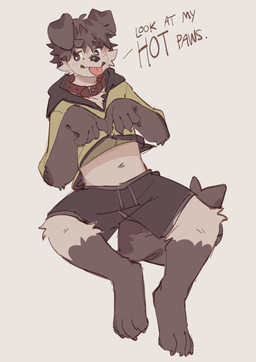 anthro black_body black_bottomwear black_clothing black_eyes black_fur black_shorts bottomwear clothing collar floppy_ears fur green_clothing green_hoodie green_topwear hoodie looking_at_viewer male paws red_collar shorts solo tongue tongue_out topwear white_body white_fur hemuchang shin_(hemuchang) canid canine canis domestic_dog mammal 2022 hi_res